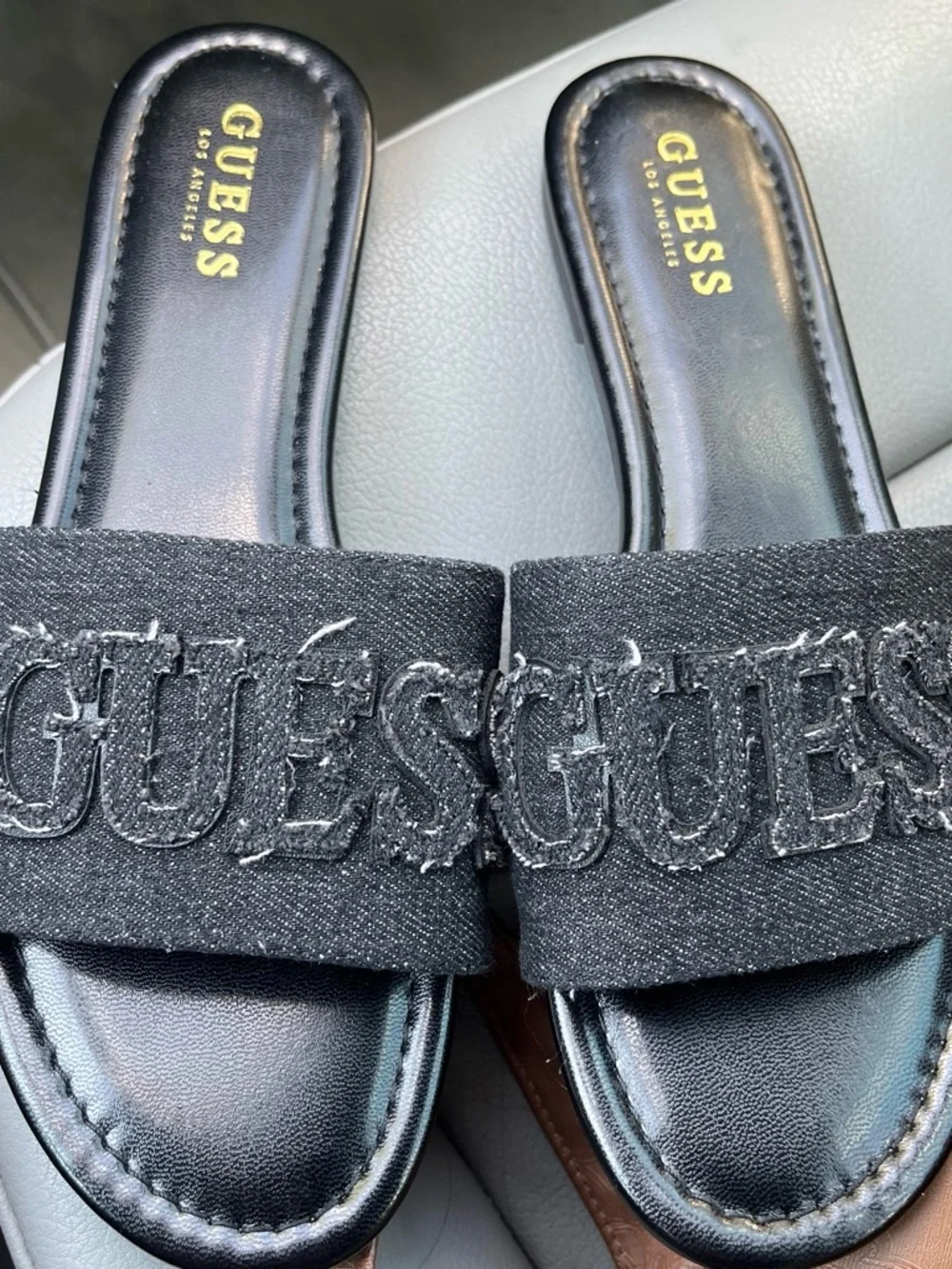 GUESS Black Denim Logo Slide Sandals